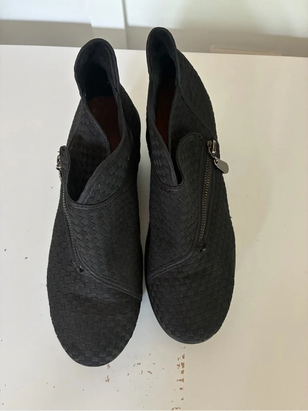 bernie mev. Black Woven Wedge Booties with Side Zipper